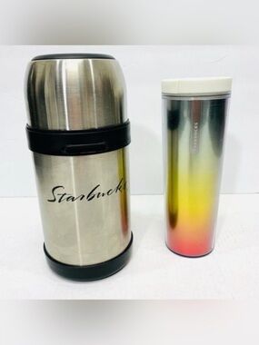 STARBUCKS Steel Bullet Thermos Carafe & Gradient Rainbow Iridescent Tumbler EUC